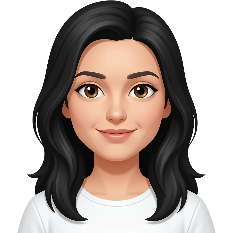 long black hair, brown eyes, white, 30 years old, slender emoji