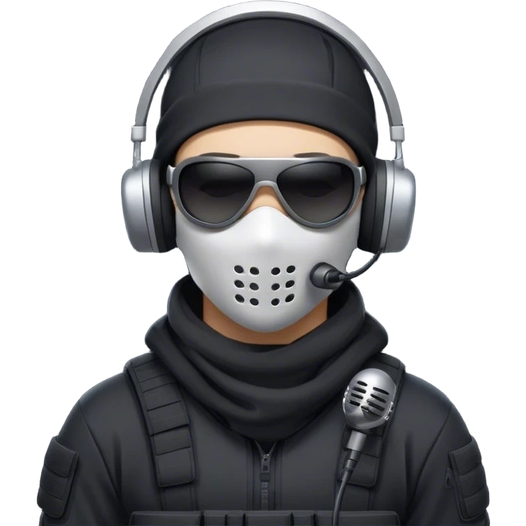 Futuristic special forces soldier wearing a white full-face balaclava, black wraparound sunglasses, and a high-tech military headset with a microphone. Dressed in a dark hoodie. emoji