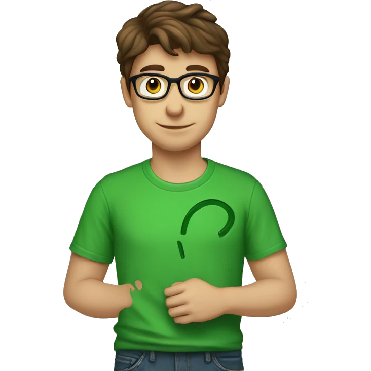 male nerd brown hair heart with hand using green t-shirt emoji
