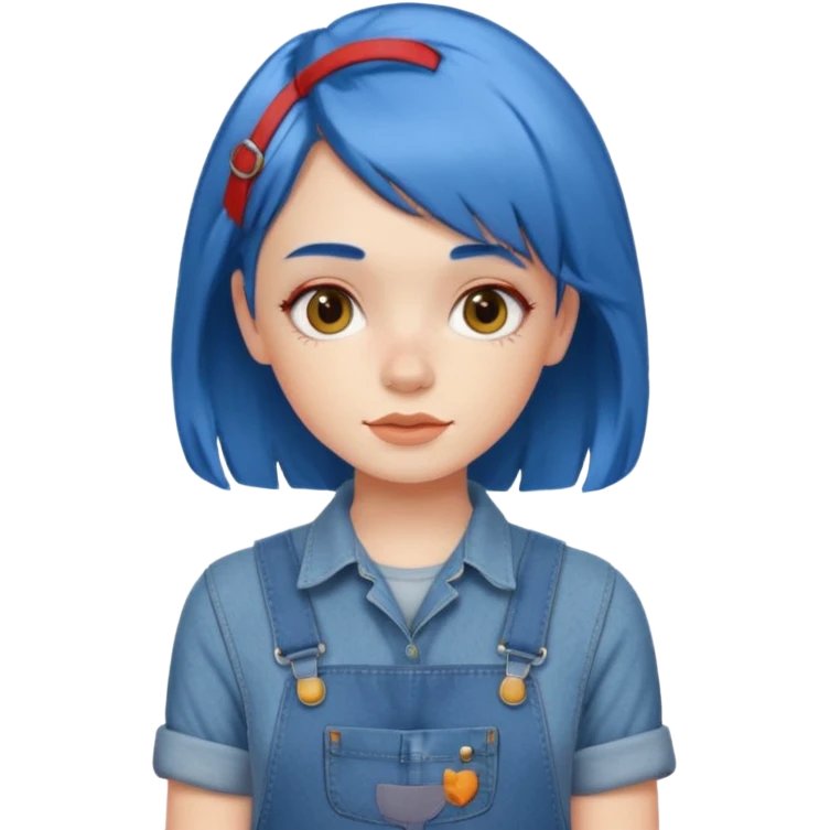 redheaded girl with blue hair, 1960s hairstyle, blue overalls, no text emoji