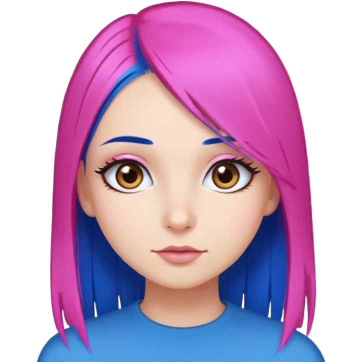 Girl with electric blue straight hair warm bright pink skin, brown eyes, long eyelashes and small nose emoji