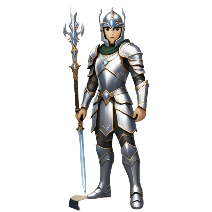 An icon featuring a hero with a closed visor, standing in a majestic, mystical landscape, inspired by RPGs like Elden Ring. The design includes a stunning, ethereal background with towering castles and distant mountains, symbolizing the adventure and mystery. Transparent background emoji