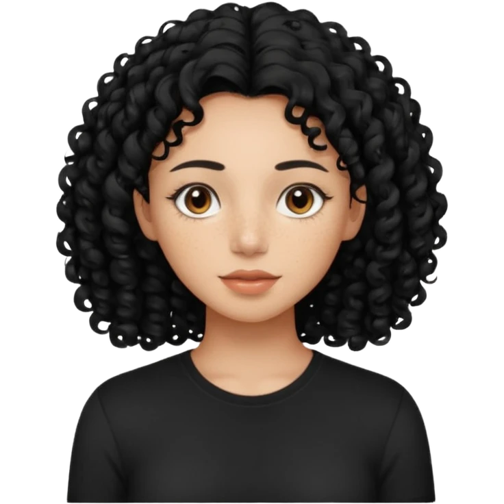 iPhone-style avatar icon of a woman with curly hair, morena complexion, subtle freckles, black shirt, clean and minimal emoji
