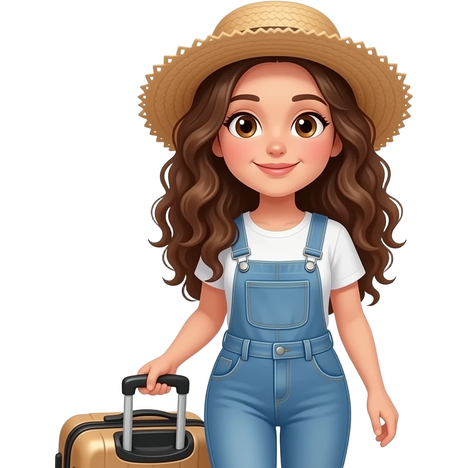 white girl with brown eyes and long curly hair with a hat on vacation with a suitcase emoji