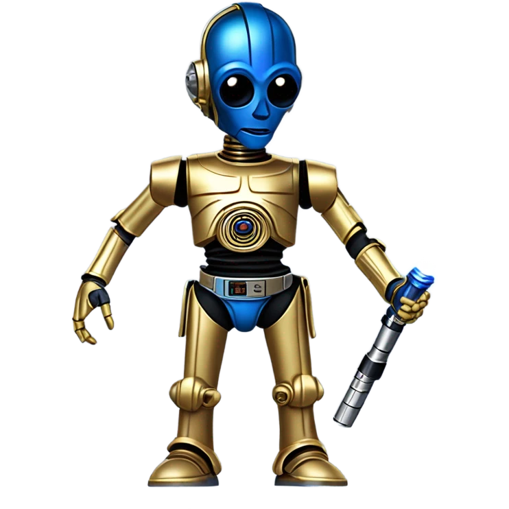 darkblue-pearl smiling bounty hunter c3po droid wearing backpack, saddlebags and light saber ready to fight at ease emoji