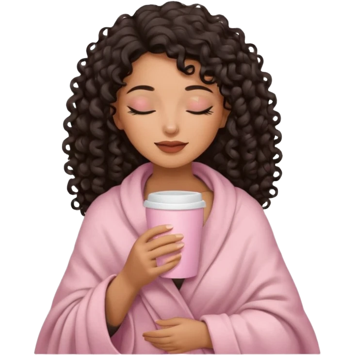 hispanic woman, brown skin, black long 3b curls, closed eyes, feminine face, holding soft pink coffee cup with beige blanket over shoulders emoji
