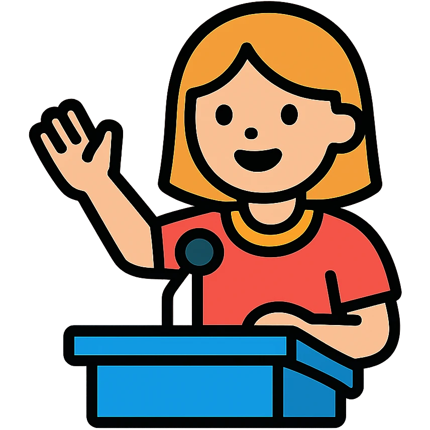 Girl standing with raised hand gesturing while giving a speech emoji