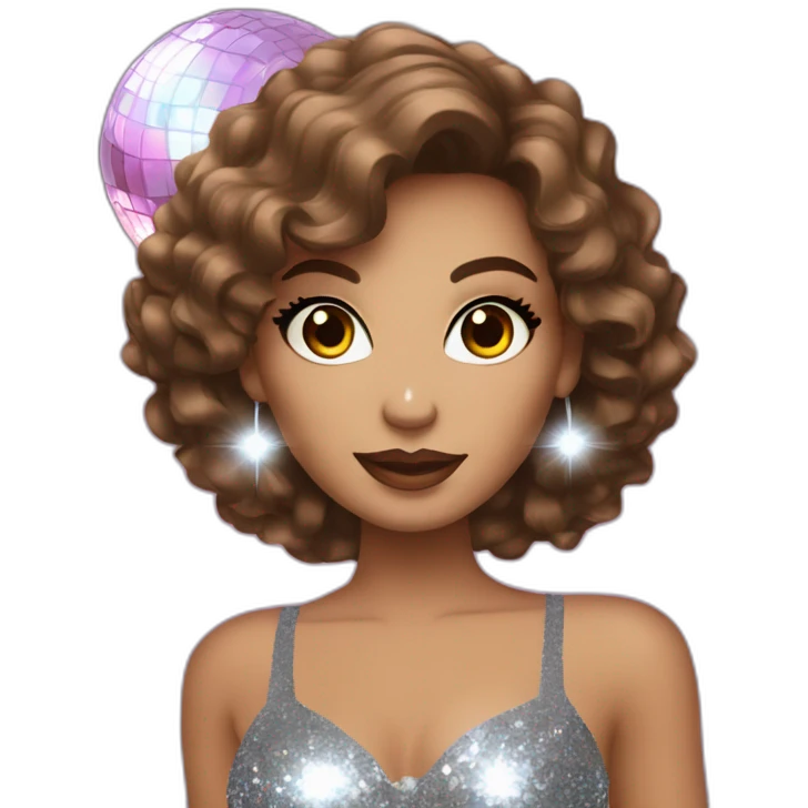 female with brown wavy hair dressed in a glitter dress and makeup, with disco ball emoji