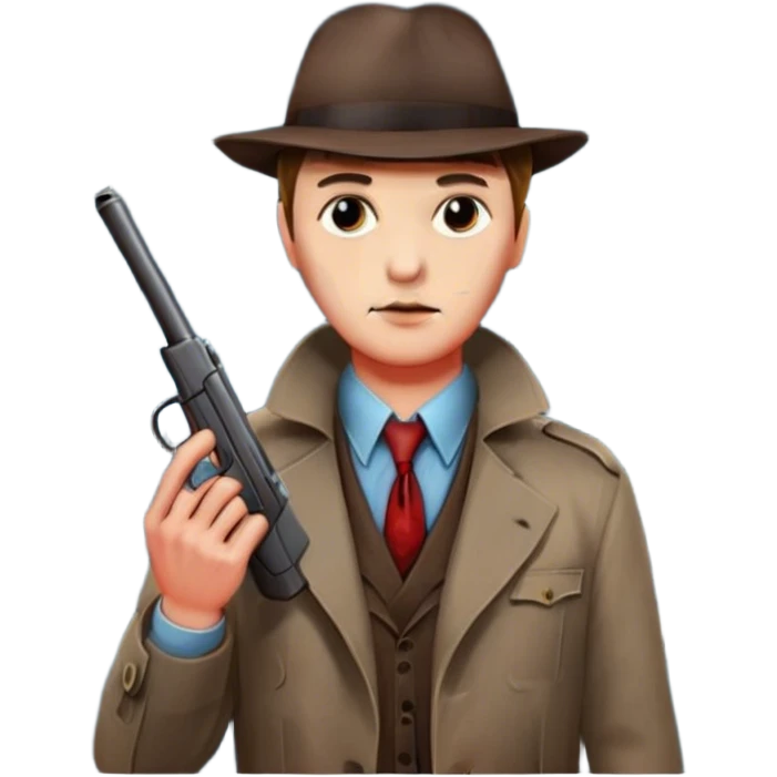 Icon for Detective Movie: A vintage movie poster-style design with a close-up of a detective holding a gun on a dark London street. The scene features a full moon, bloodstains on the pavement, and a mysterious atmosphere, evoking a classic noir detective thriller. Transparent background. emoji