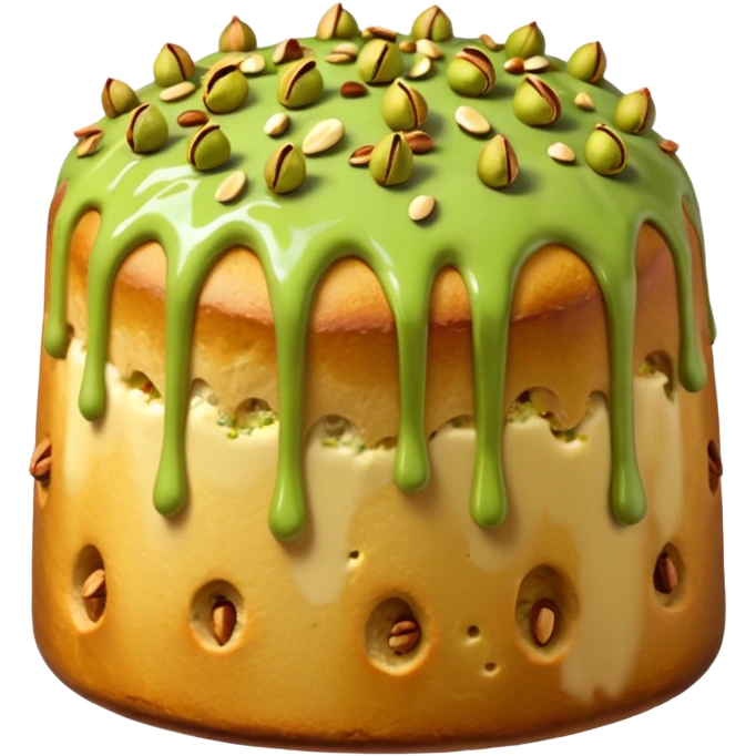 panettone con glassa al pistacchio che scende lungo i bordi e pistacchi come decorazione emoji
