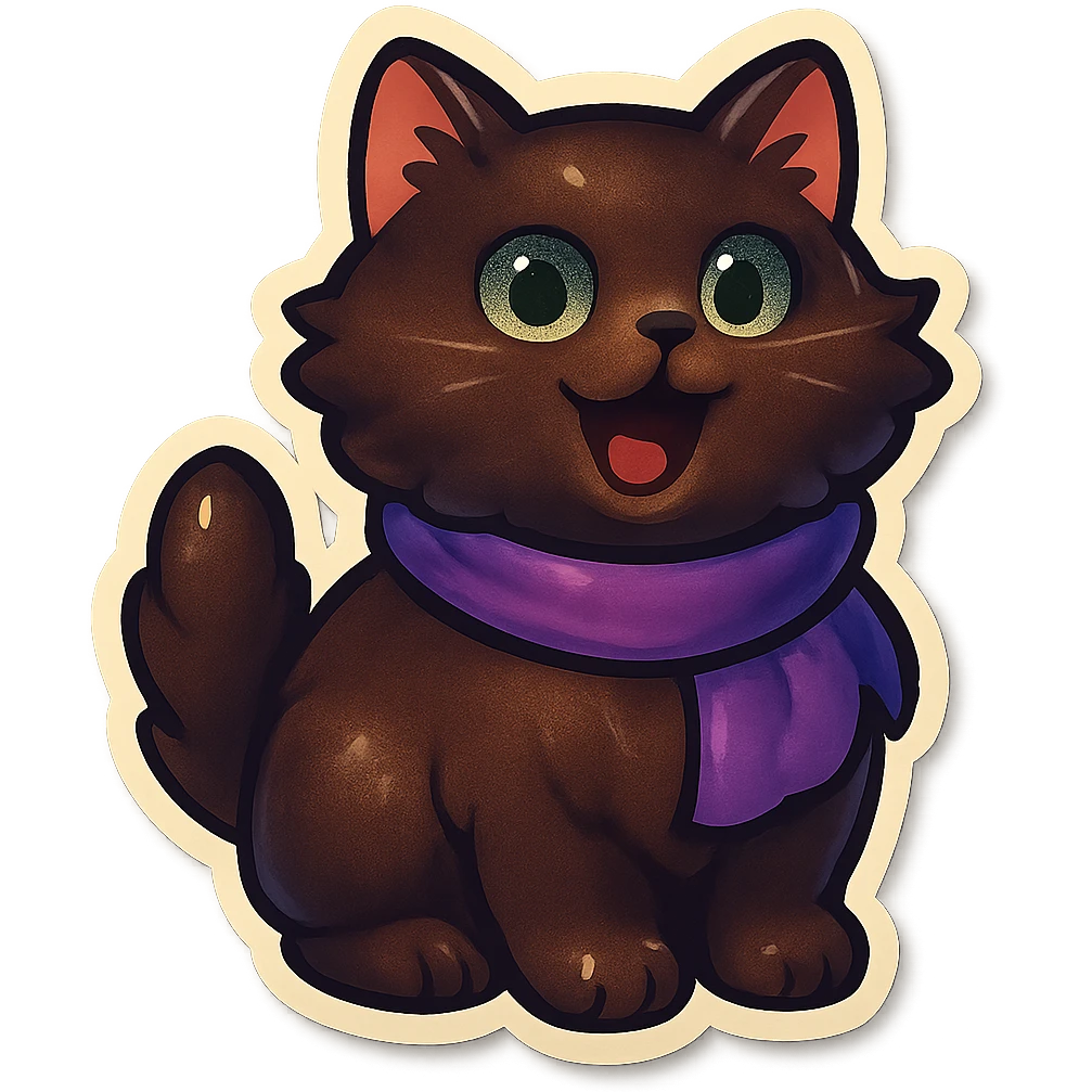 Fluffy meowing cute dark-brown cat with green eyes and a purple scarf  emoji