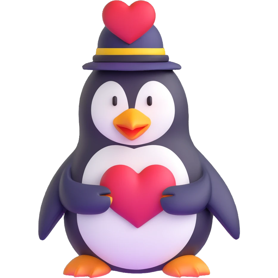 large penguin with a hat featuring the Discord logo and a large heart on chest emoji