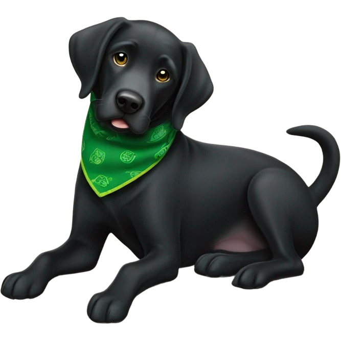 Black lab wearing green bandanna around neck, scooting butt on a carpet farting ￼ emoji
