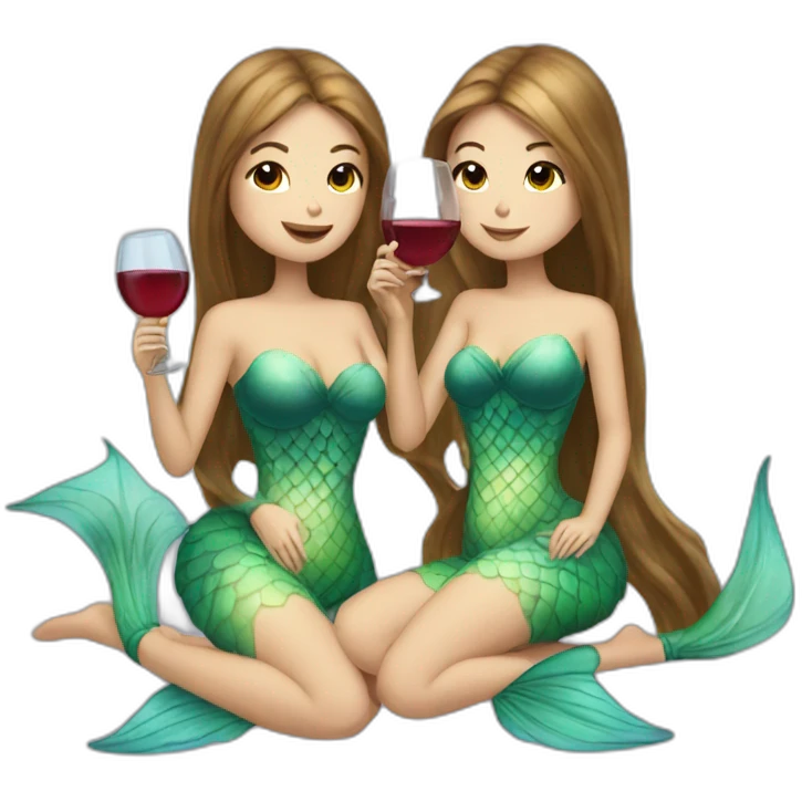 Three beautiful mermaids (two brown hair and blond one) drinking wine emoji