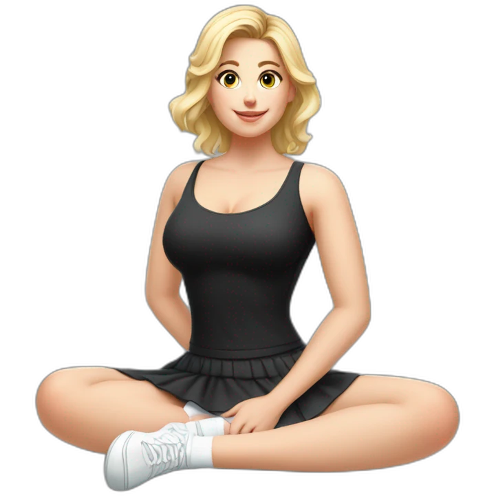 Front view full body curvy caucasian beauty sits on the floor straight hands up black skirt white knickers white socks emoji