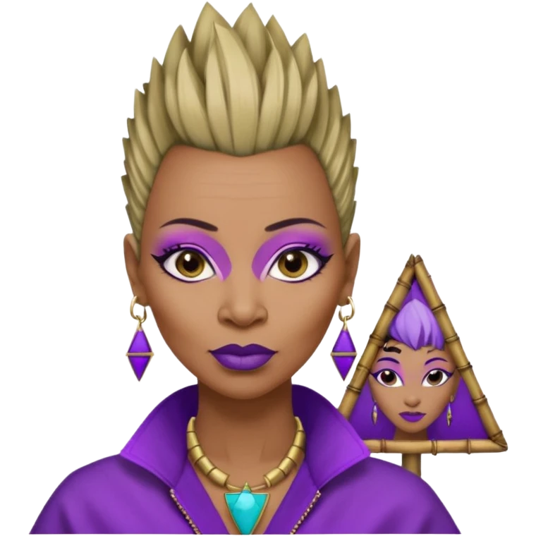57 years young,  Black queen with a  no hair on side and a mohawk hairstyle, purple lipstick,  purple eyeshadow,  droopy looking  eyes, bamboo triangle earrings with the name Draya personalized on them.  emoji