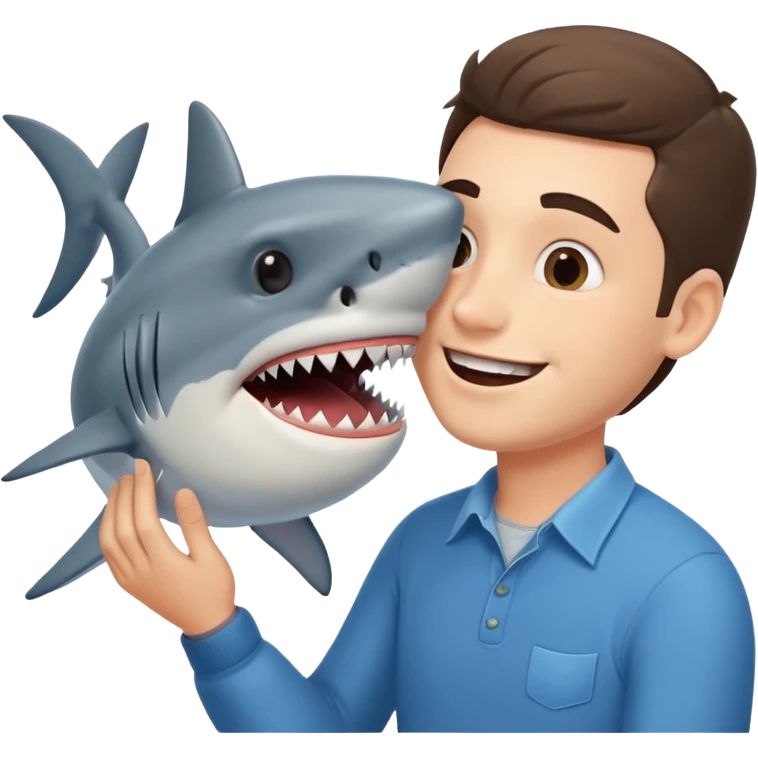 Man kissing a picture of a shark emoji