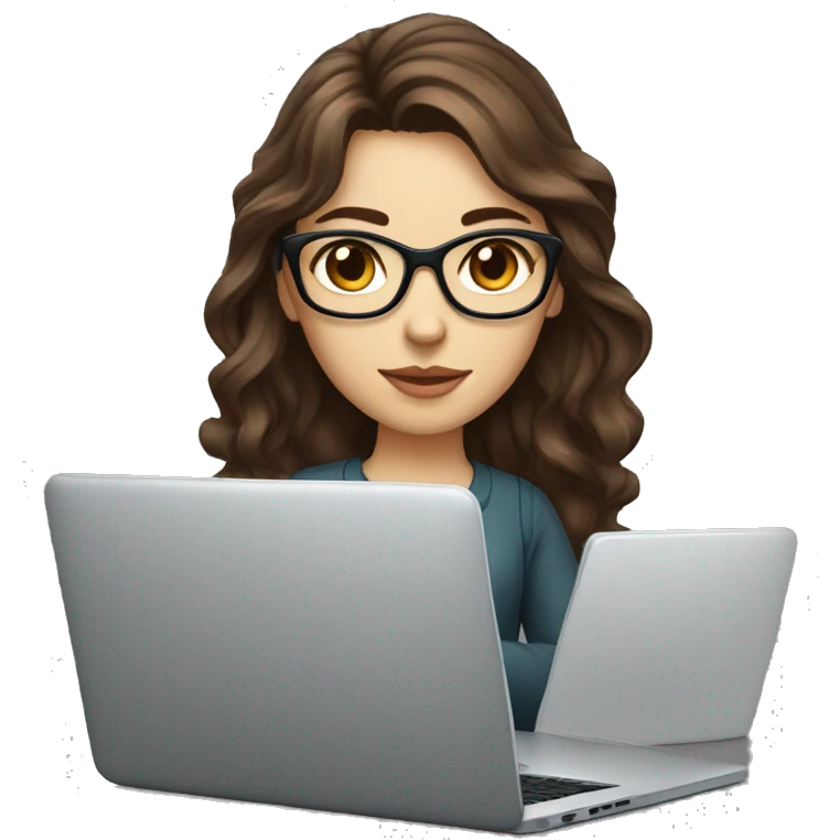 female coder with apple laptop in front of her, long wavy brown hair, brown eyes, type of glasses cat eyes, white skin, dark-brown wavy hair, red clothes emoji