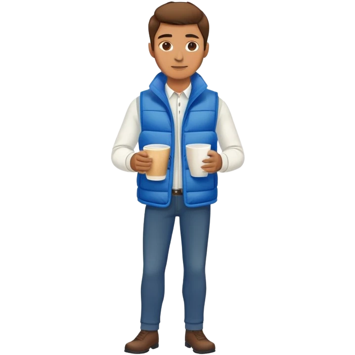 full body man wearing long sleeve white shirt with blue puffy winter vest holding a cup of coffee in front of him emoji