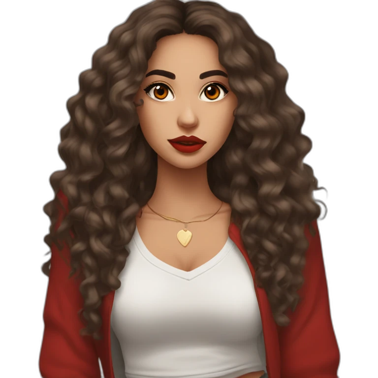 young moroccan woman with dark brown eyes, dark long curling hair, red lips, streetwear outfit emoji