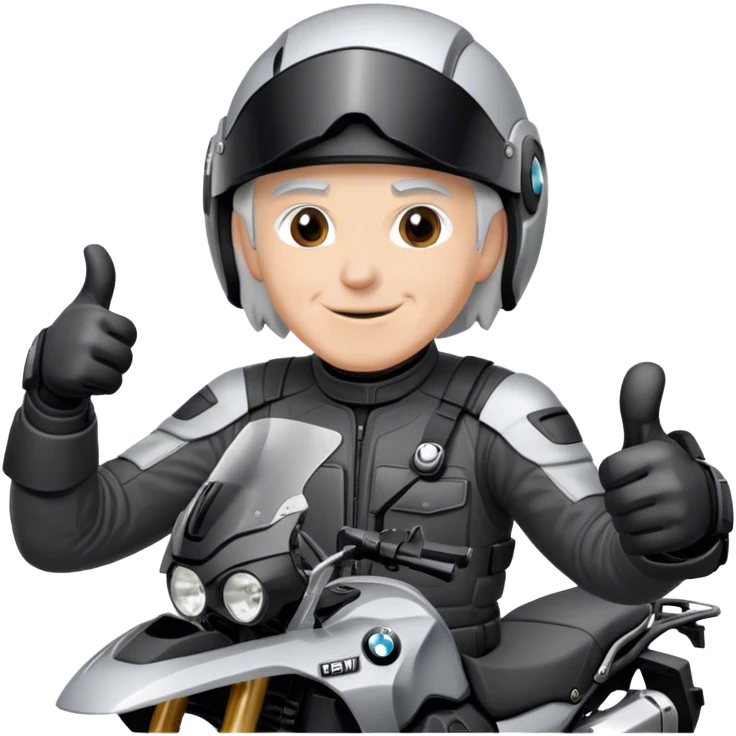 bmw gs  silver 1200 rider with grey hair  no beard giving a thumbs up with a black helmet emoji
