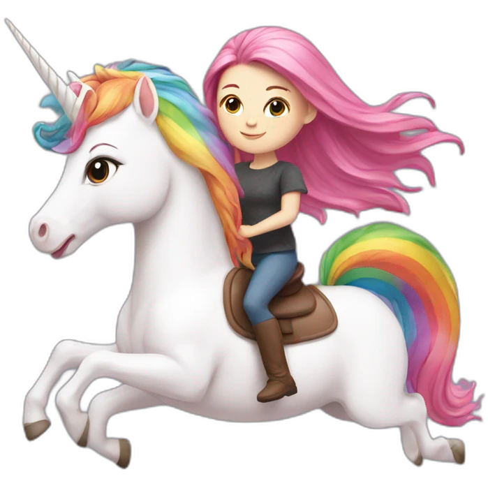 White Girl with pink hair riding a rainbow unicorn emoji