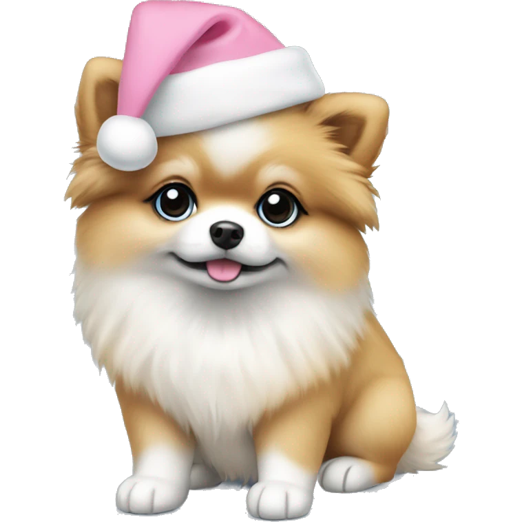 pomeranian puppy full body light blue eyes pink christmas hat on emoji