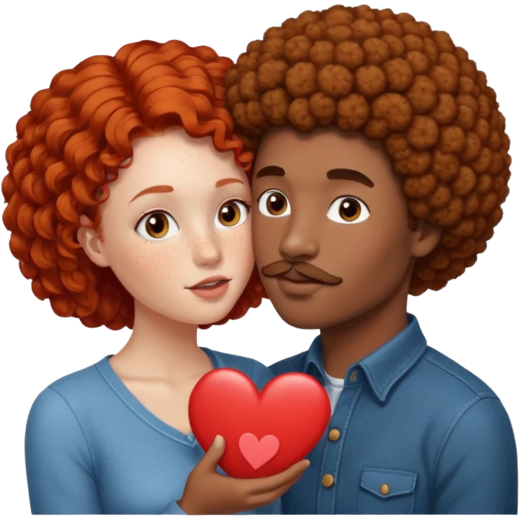 one black male with a small afro and mustache kissing a redhead girl with freckles and brown eyes on ten cheek with a heart between them emoji