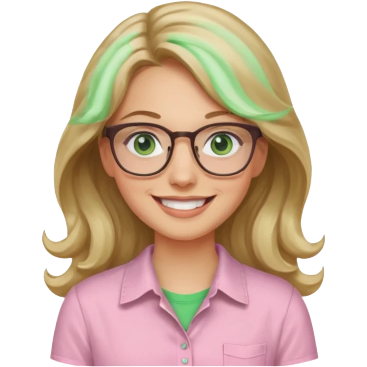 long wavy dirty blonde hair woman with green eyes and glasses smiling emoji