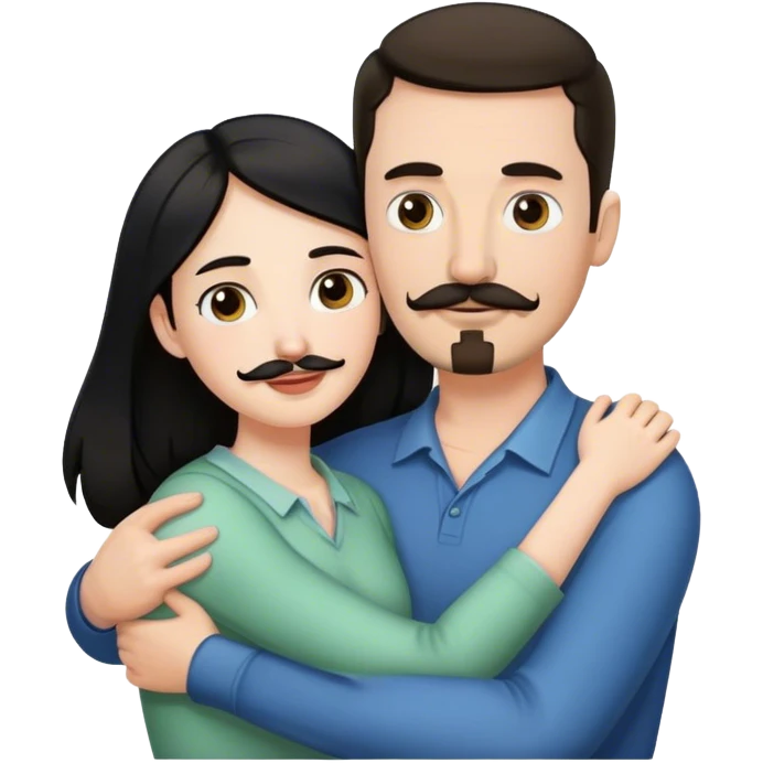 Tall white man with thin dark brown hair mustache and goatee hugging a short pale woman with long black hair emoji