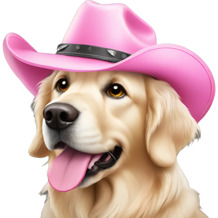 White golden retriever wearing pink cowboy hat emoji