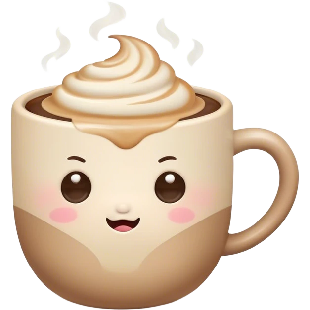 Cute Kawaii Coffee Cup, cozy and warm, a tiny swirl of steam shaped like a heart, round chubby face with a sleepy but content expression, soft pastel brown and cream colors, perfect morning vibes! emoji