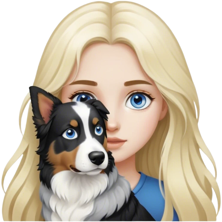 pale girl with blue eyes and long blonde hair and black white Australian shepherd. emoji