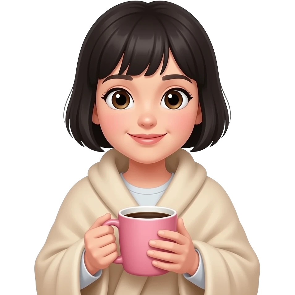 A white girl with short black hair, with a beige blanket and a coffee in a very cozy pink mug, in iPhone emoji style emoji