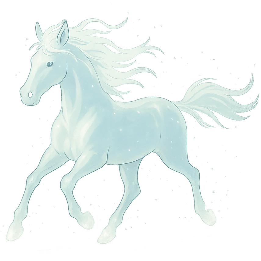 silver spirit horse running, glowing ethereal, mystical, magical, in ghibli style emoji