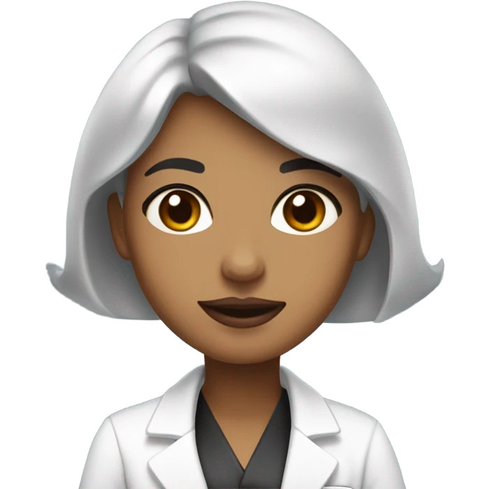 Woman emoji with a short black curled bob parted in the middle. She has a few little moles on her face and light tan skin. she has a lab coat on. she has glossy pink lips and big brown eyes.  emoji