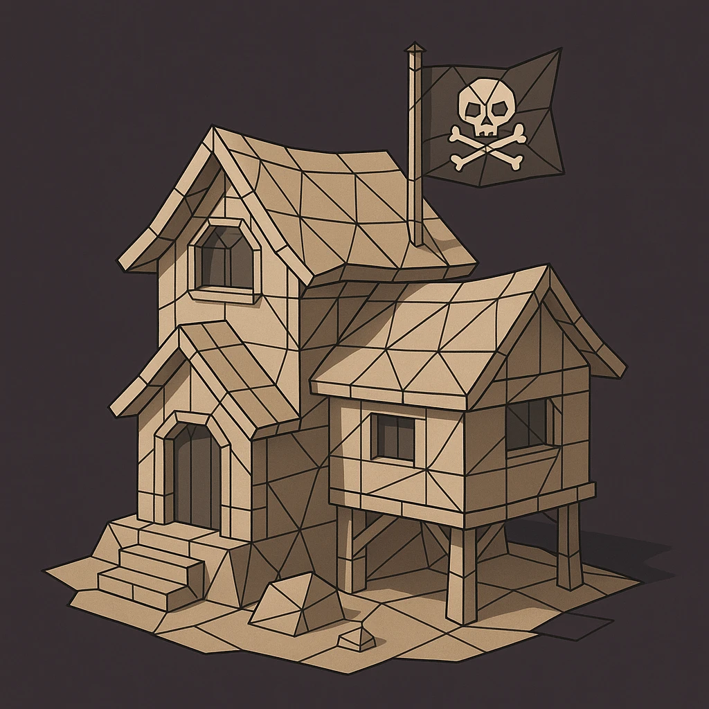 old pirate's house with skull flag emoji