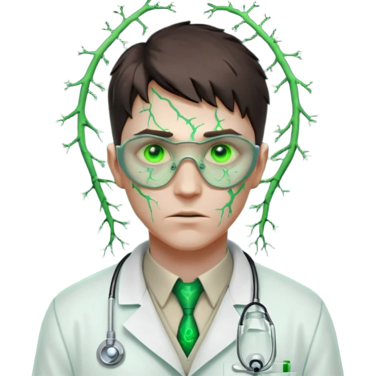 laboratory mutant portrait, head and shoulders only, glowing green veins, torn lab coat collar, mutated eyes, sci-fi experiment vibe, 3D cartoon, mobile game icon style, clean background, no text, no watermark

 emoji