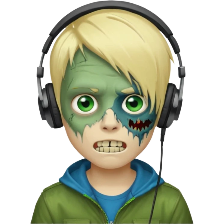 boy zombie whit blonde emo hair and eyes blue and GREEN SKIN and heandphones and a microfone and gold teeth emoji