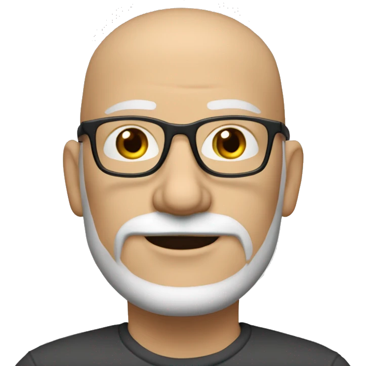 portrait of white male, 45 years old, bald, with black-framed eyeglasses with a thinner frame, and slightly graying red whiskers - not a full beard.   emoji
