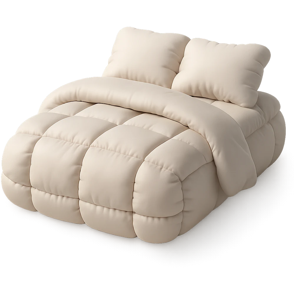 cushion style bed with puffy pillows and blanket, cozy and inviting emoji