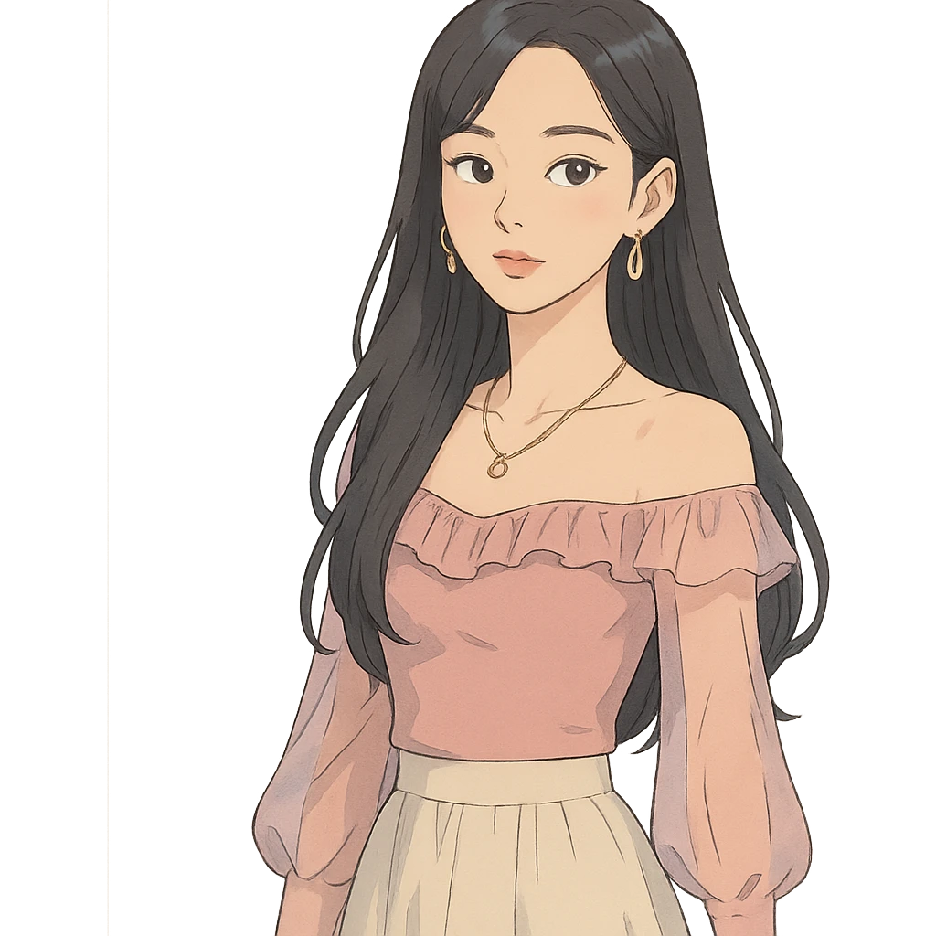 K-pop idol inspired by Blackpink, dreamy atmosphere, soft colors, elegant fashion, ghibli style emoji