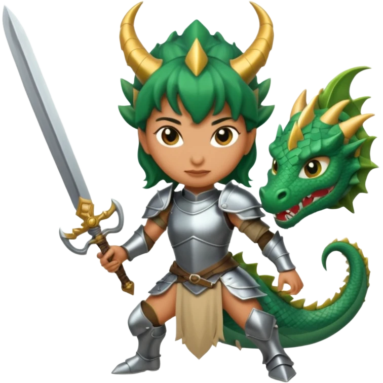 Fierce Latina in armor with a sword cutting off the head of a dragon emoji