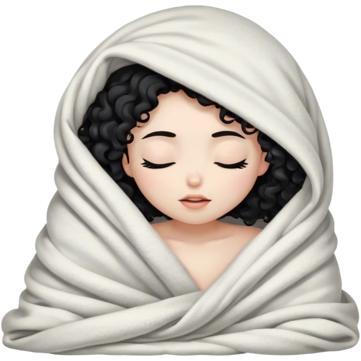 White skin color black curly hair girl inside a blanket eyes closed emoji