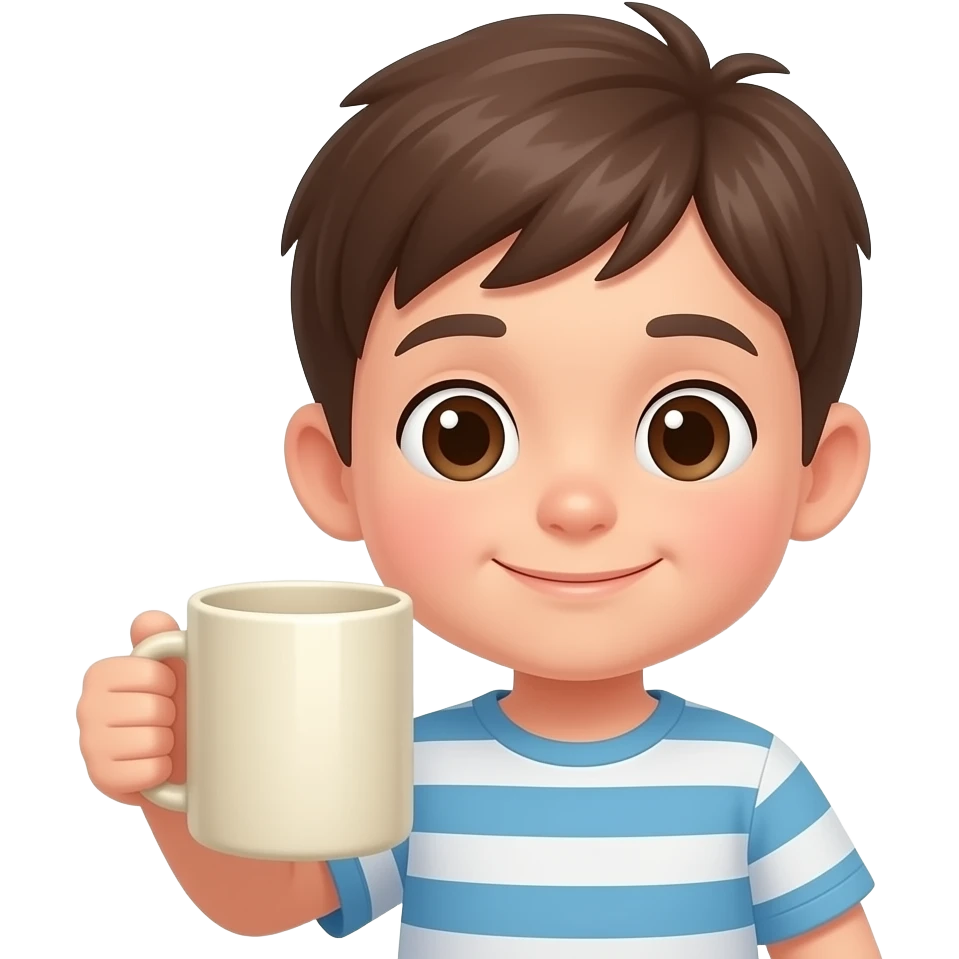 a kid with a big mug in a hand emoji