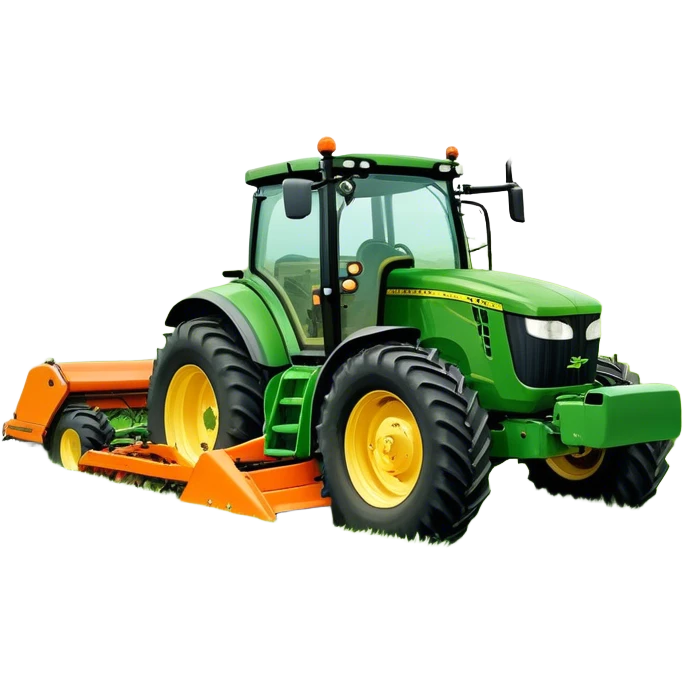 Howard EHD 180 (2019) – Cinematic-realistic John Deere 6155M tractor towing a Howard EHD 180 slasher, its green and yellow frame cutting through thick overgrown paddocks. The bright orange slasher spins rapidly, clearing a wide path of grass as birds scatter into the air emoji