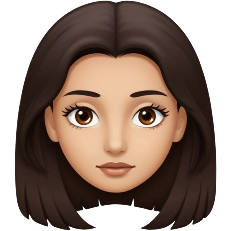 Rostro de forma ovalada con facciones delicadas. Ojos grandes y expresivos de color café oscuro, con pestañas largas y definidas. Cejas oscuras, pobladas y bien formadas color de piel trigeña y cabello largo emoji