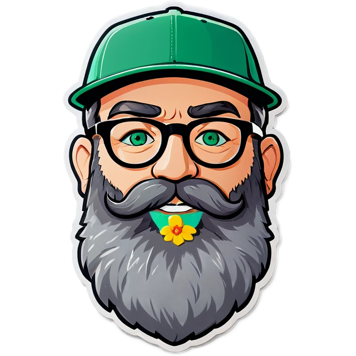 A bold man with a grey baseball cap, green eyes, big beard and glasses, holding flowers emoji