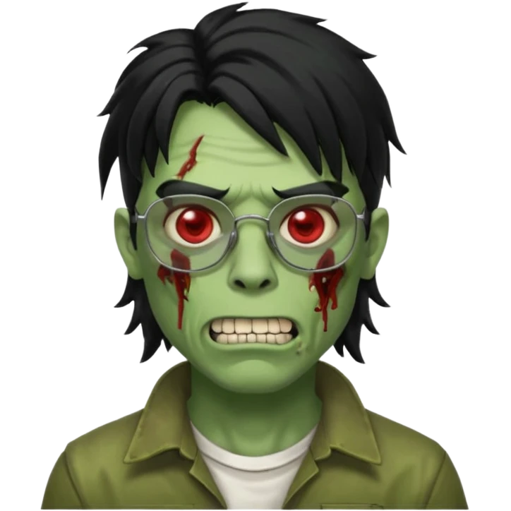 homem zumbi de óculos mullet piercing na boca piercing nas duas sobrancelhas duas orelhas giradas trágus esquerdo furado cabelo preto com muita olheira deixar pele dele verde dentes brancos e olhos vermelhos e ensanguentados emoji