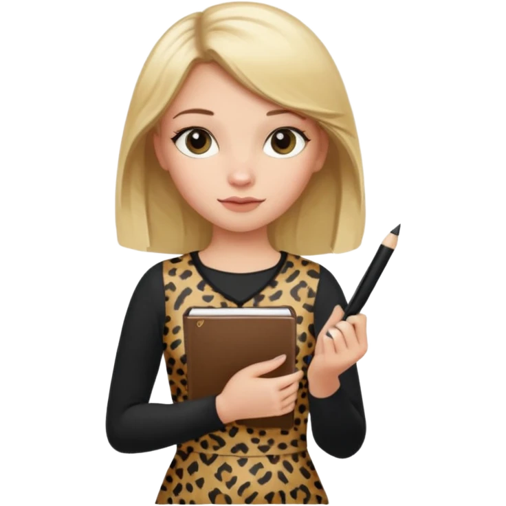 Blond hair girl with a leopard print dress and black leggings holding a note book and a pen emoji